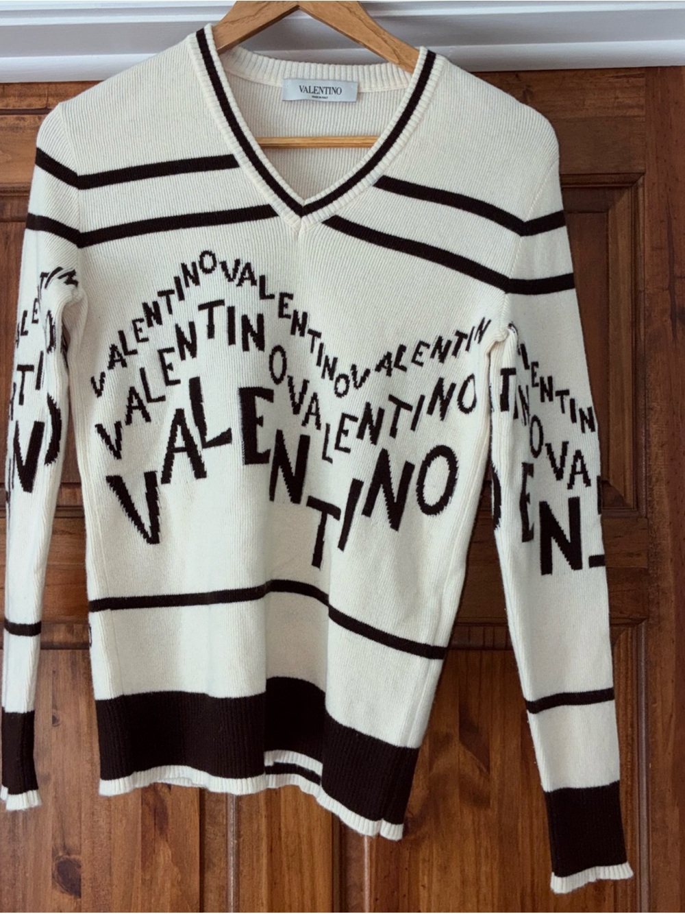 Valentino Garavani Brown And Cream V-Neck Sweater Cashmere & Wool XS